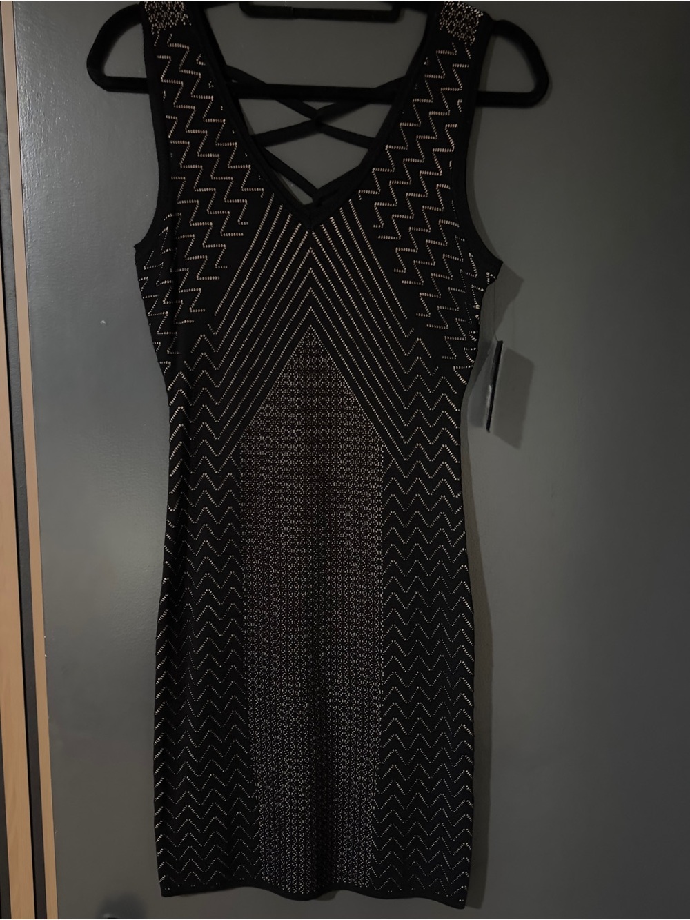 Express Black Mini Dress with Gold Zigzag Accents